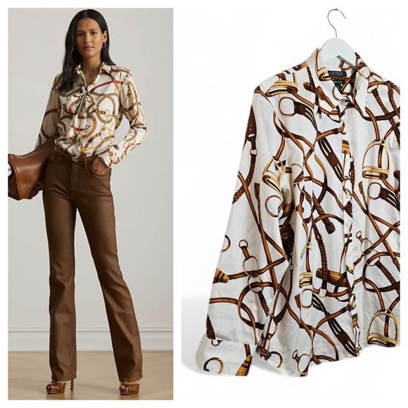 Lauren Ralph Lauren Tops - Lauren Ralph Lauren Equestrian Chain Print Button Shirt Women 1X Classic Fit